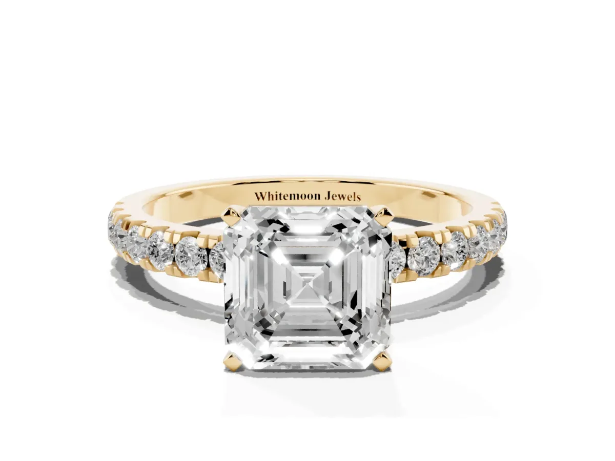 Asscher Cut Diamond Solitaire Ring with Pavé Accents and Four-Prong Setting Yellow gold