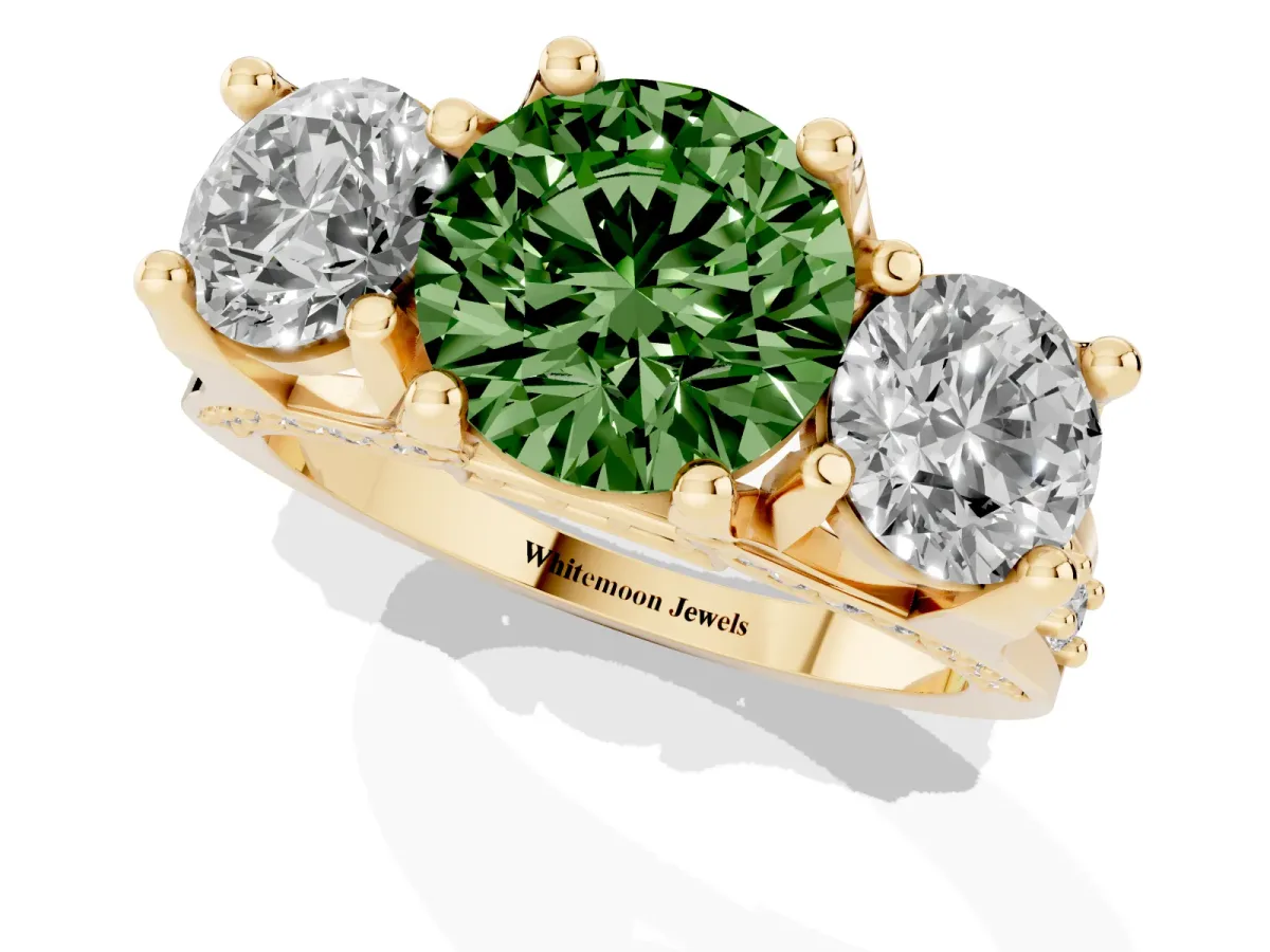 Fancy Green Round Cut Diamond Three-Stone Ring with Channel Set Band and Four-Prong Setting Yellow gold