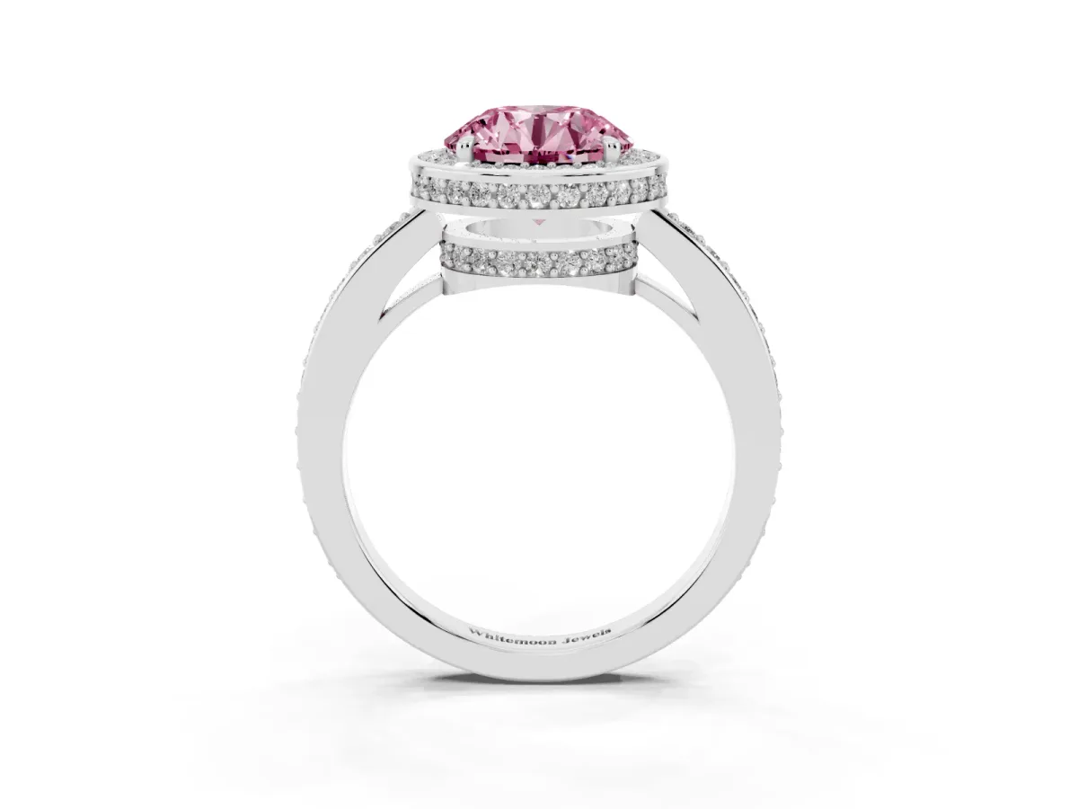 Fancy Pink Round Cut Halo Pave Band Solitaire Ring with Prong Setting Silver