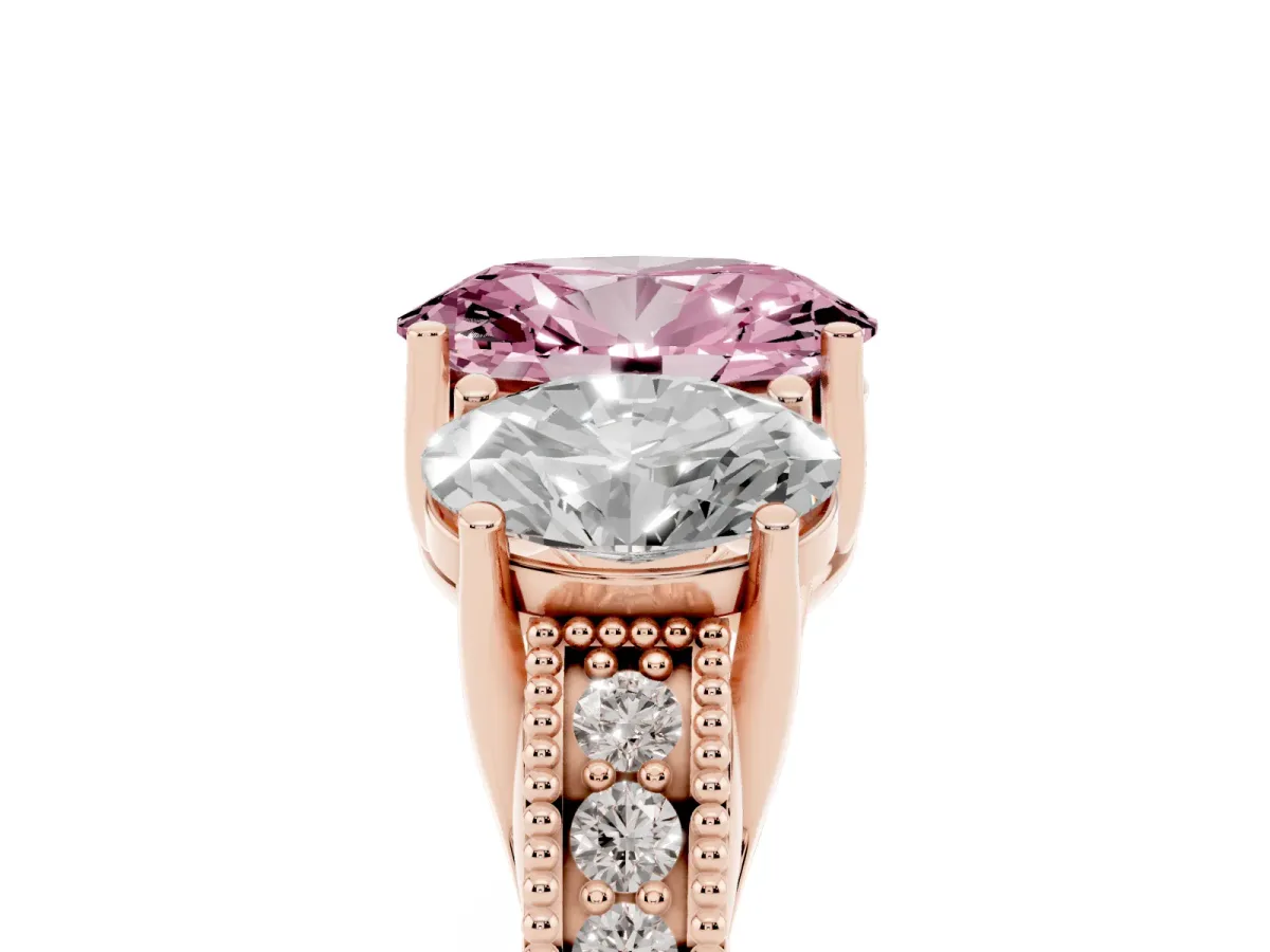 Fancy Pink Three-Stone Oval Cut Cut Milgrain Pavé Engagement Ring Rose gold