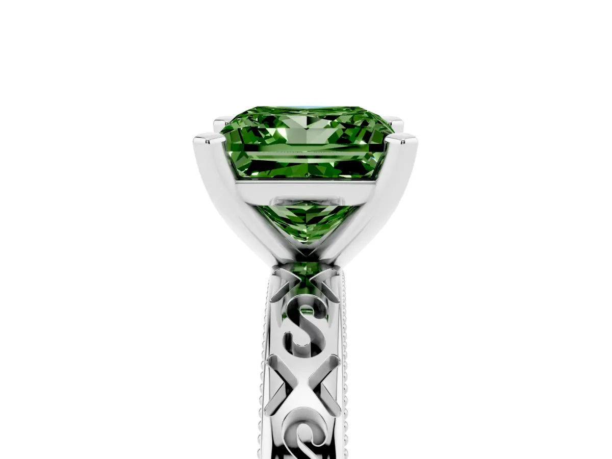 Fancy Green Princess Cut Solitaire Engagement Ring with Scrollwork Band and Four-Prong Setting Silver