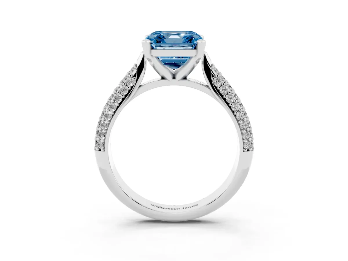 Fancy Blue Asscher Cut Diamond Solitaire Engagement Ring with Multi-Row Round Pavé Band and Prong Setting Silver