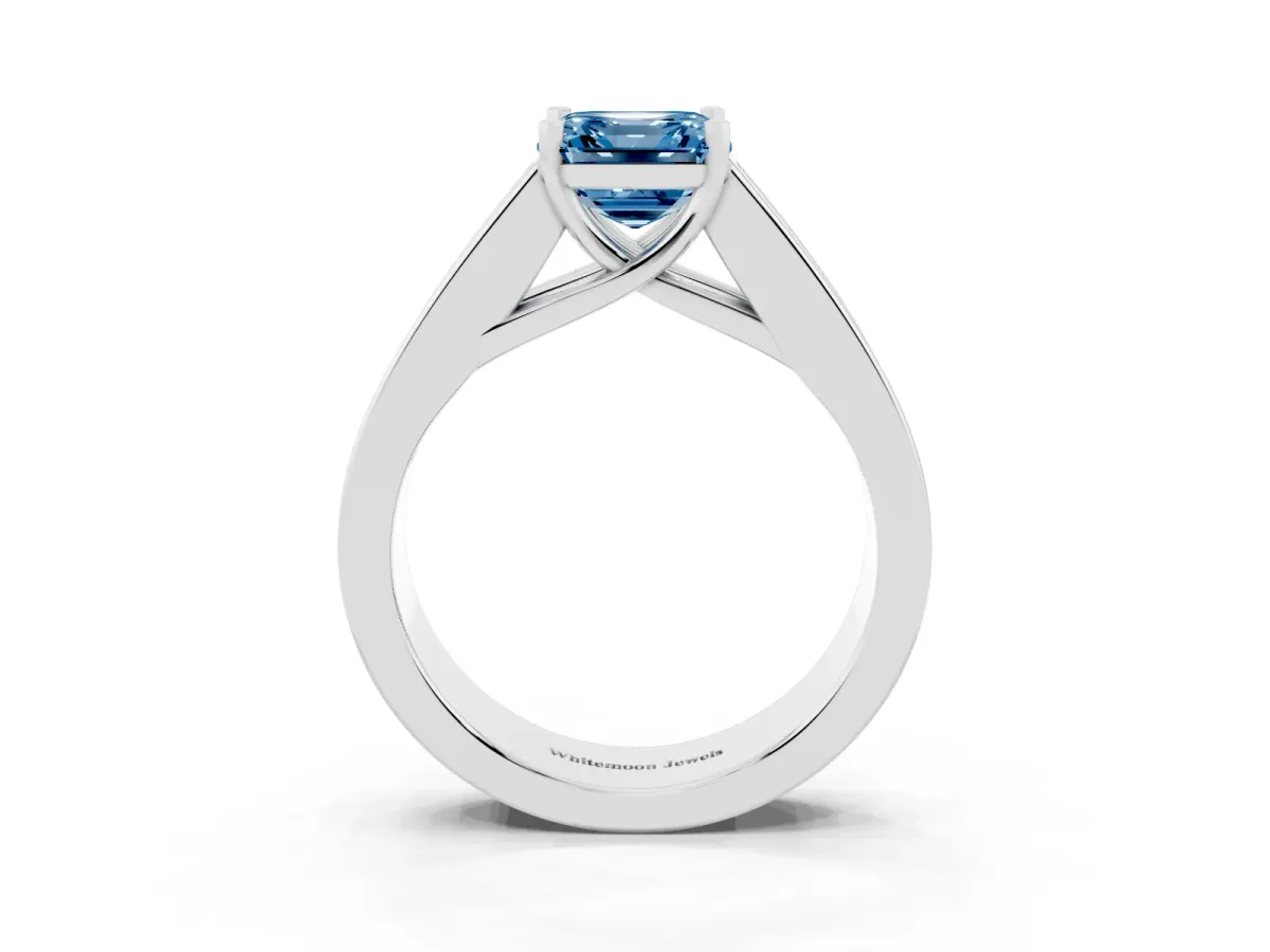 Fancy Blue Asscher Cut Cut Channel Set Solitaire Ring with Four-Prong Setting Silver