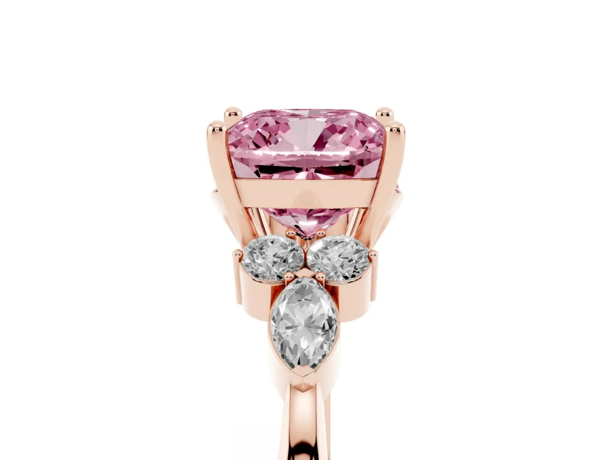 Fancy Pink Cushion Cut Brilliant Diamond Solitaire Ring with Pear Side Stones and Four-Prong Setting Rose gold