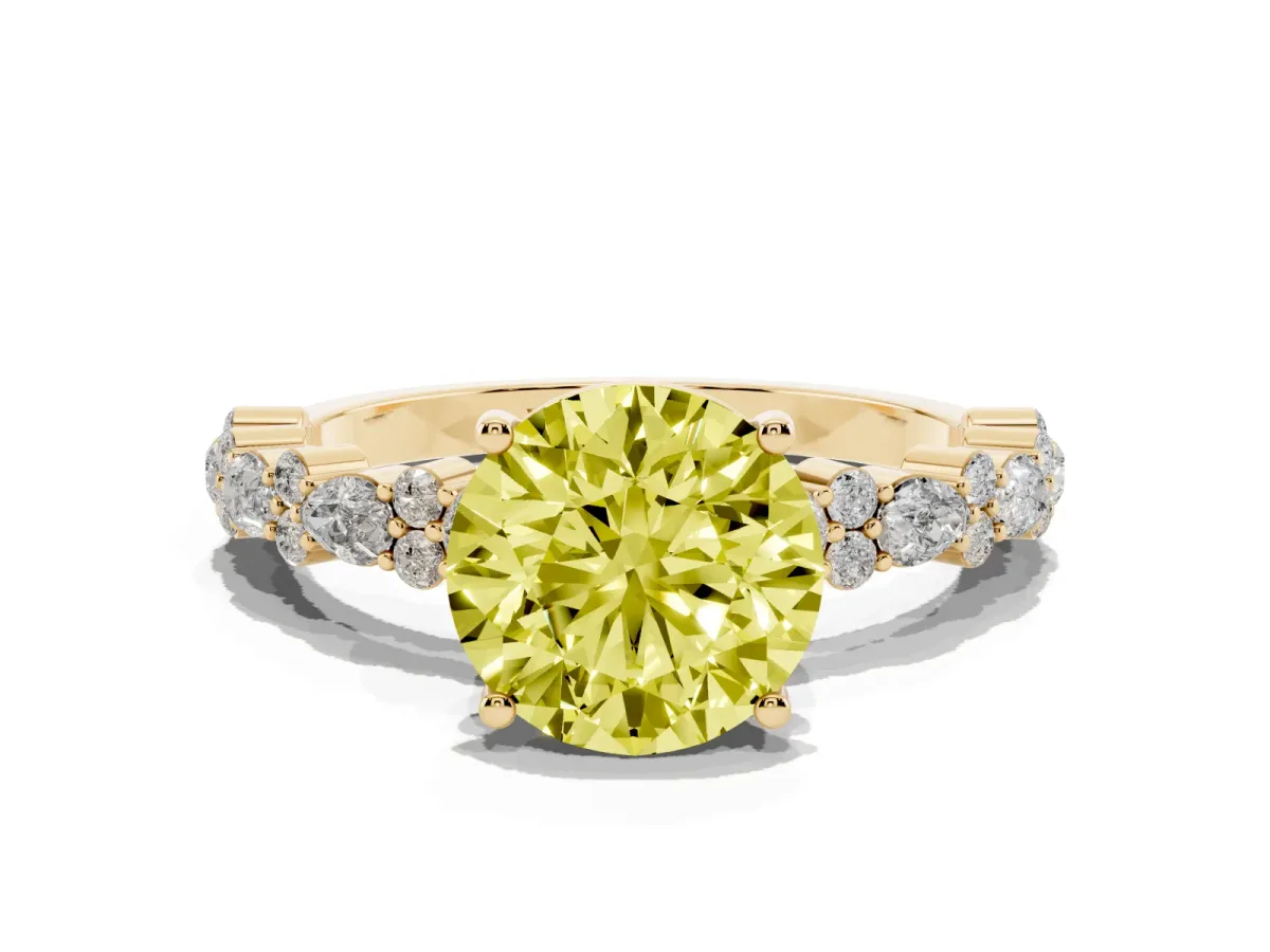 Fancy Yellow Round Cut Diamond Side Stone Solitaire Ring with Round and Four-Prong Setting Yellow gold