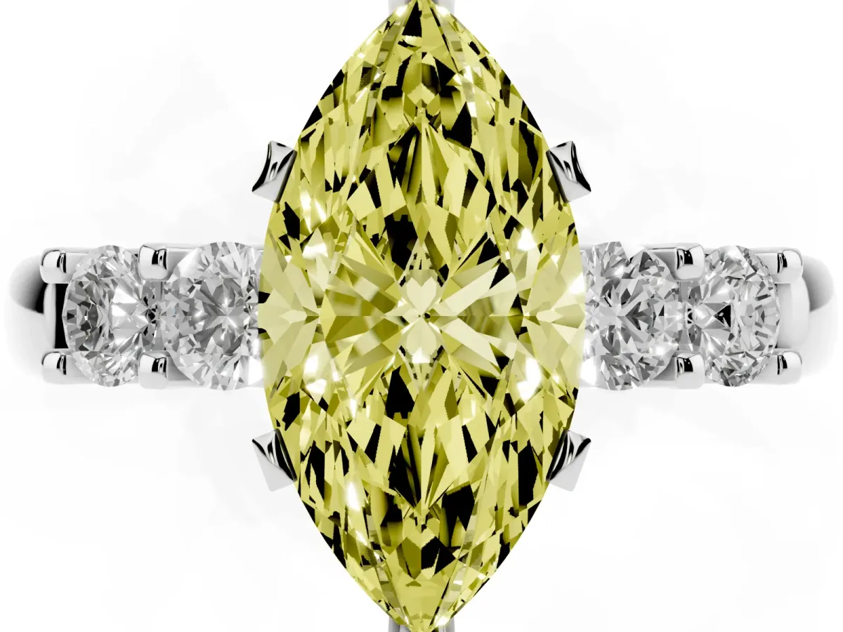 Fancy Yellow Marquise Cut Brilliant Cut Diamond Five-Stone Prong Set Engagement Ring with Channel Band Silver