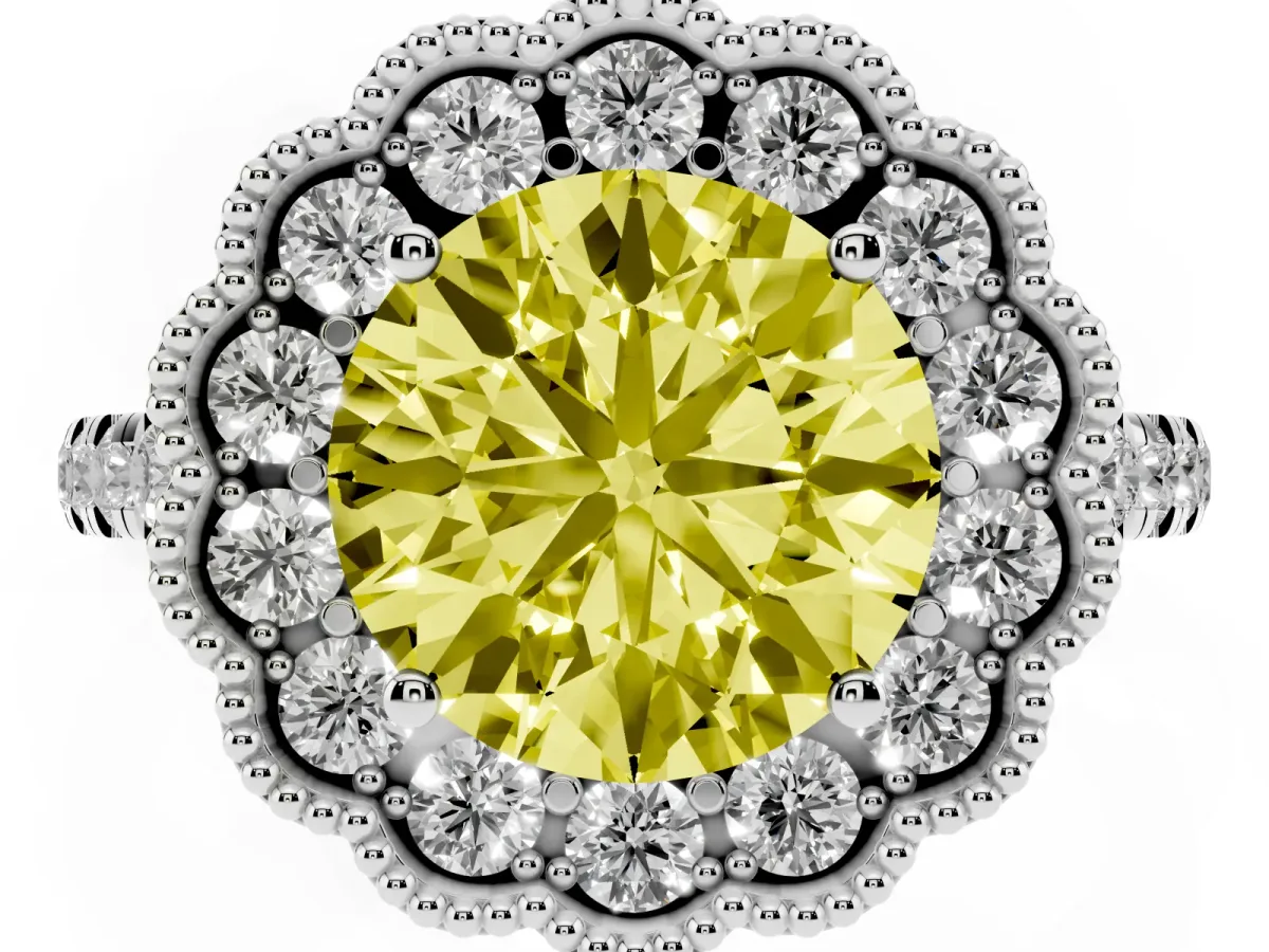 Fancy Yellow Round Cut Cut Diamond Milgrain Floral Halo Engagement Ring with Pavé Band Platinum