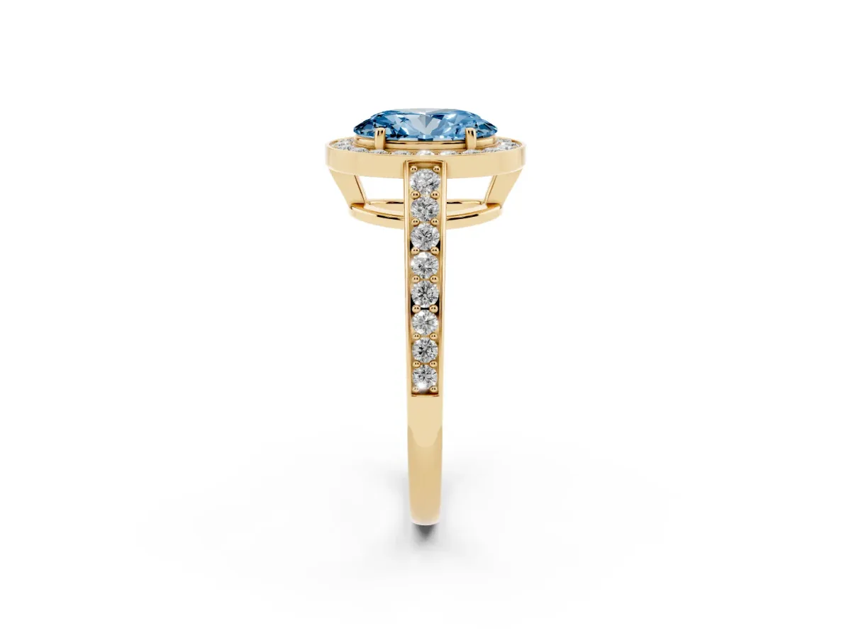 Fancy Blue Oval Cut Halo Pavé Diamond Engagement Ring with Bezel Setting Yellow gold