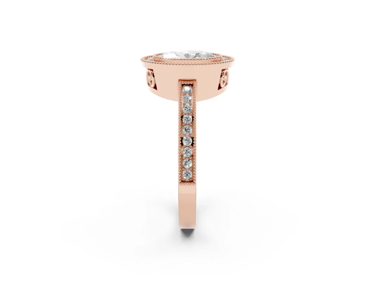 Oval Cut Cut Halo Diamond Ring with Pavé Band and Milgrain Prong Setting Rose gold