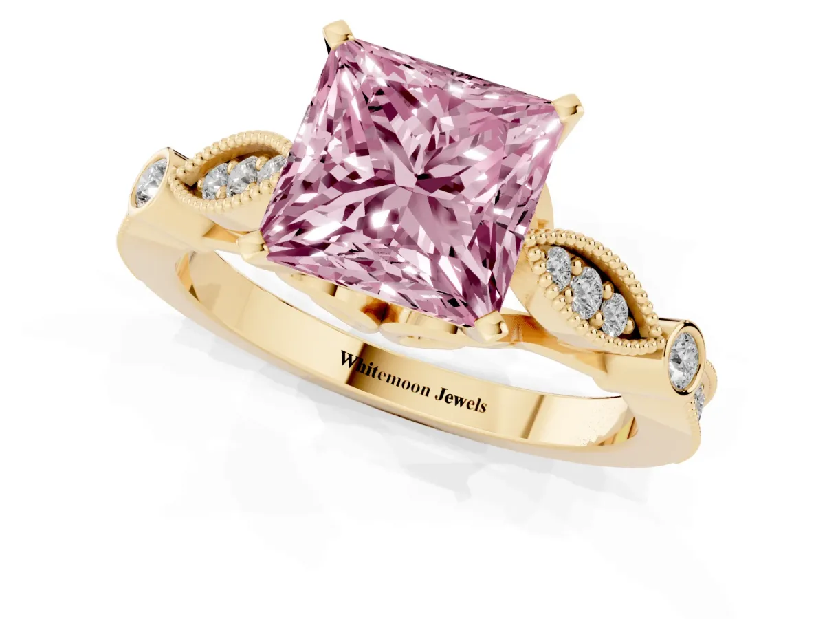 Fancy Pink Princess Cut Cut Diamond with Milgrain Marquise and Bezel Accents on a Solitaire Band with Prong Setting Yellow gold
