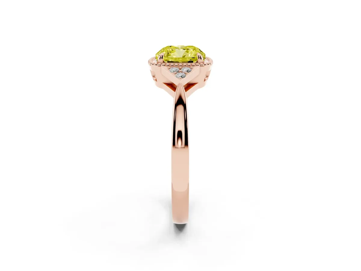 Fancy Yellow Cushion Cut Diamond Halo Ring with Tapered Band and Four-Prong Setting Rose gold