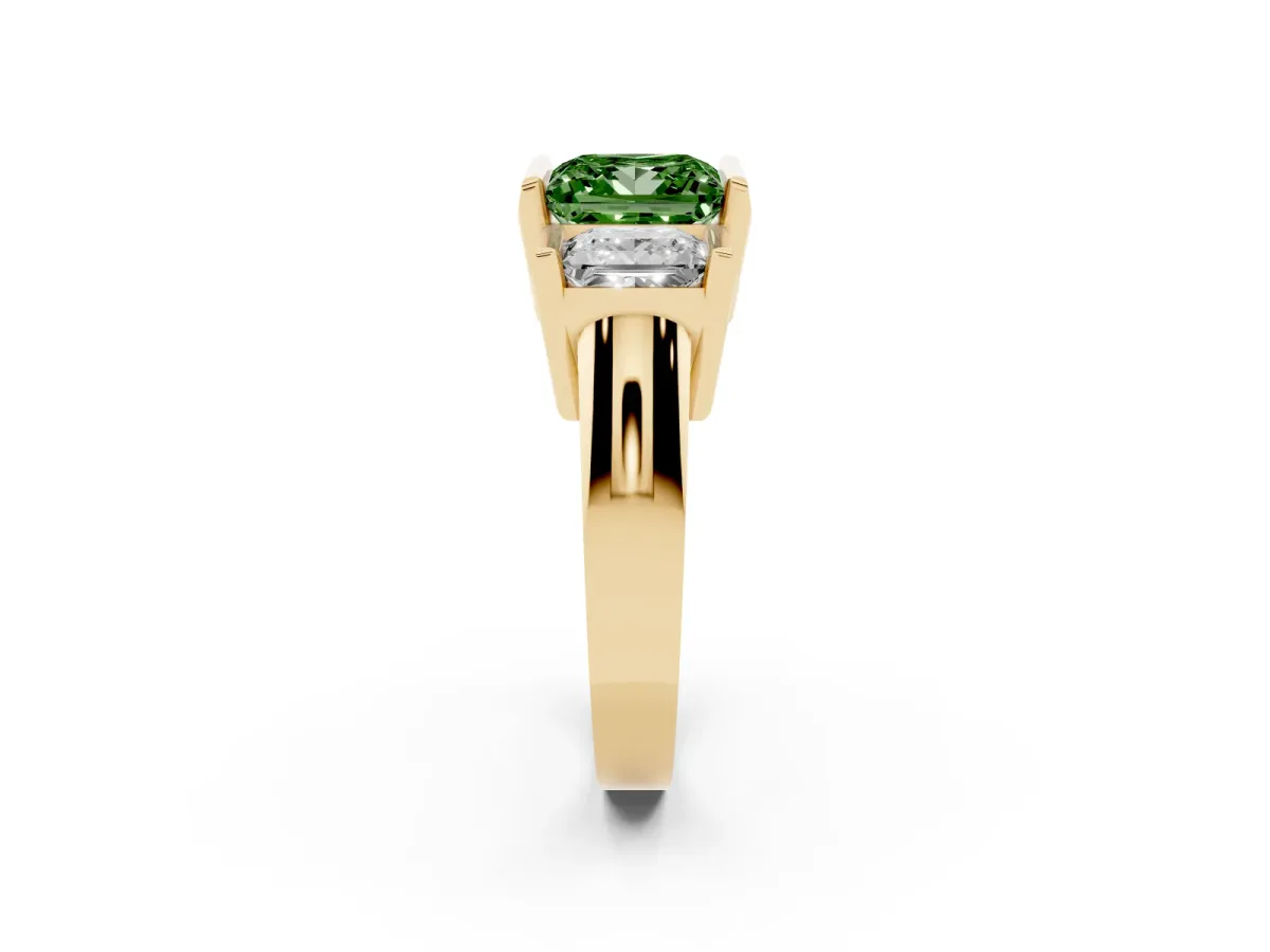 Fancy Green Three Stone Princess Cut Cut Channel Set Diamond Ring Yellow gold