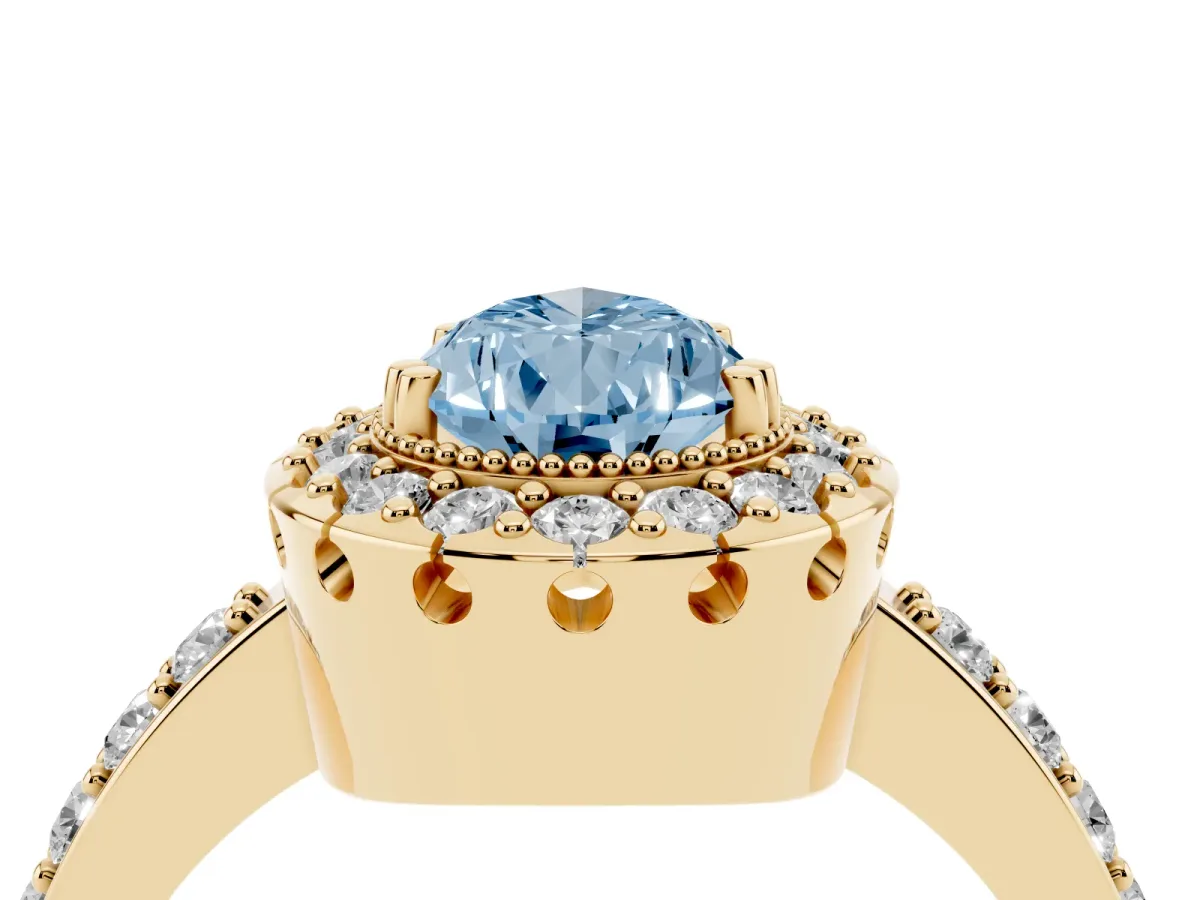 Fancy Blue Pear Cut Diamond Halo Ring with Pavé Band and Prong Setting Yellow gold