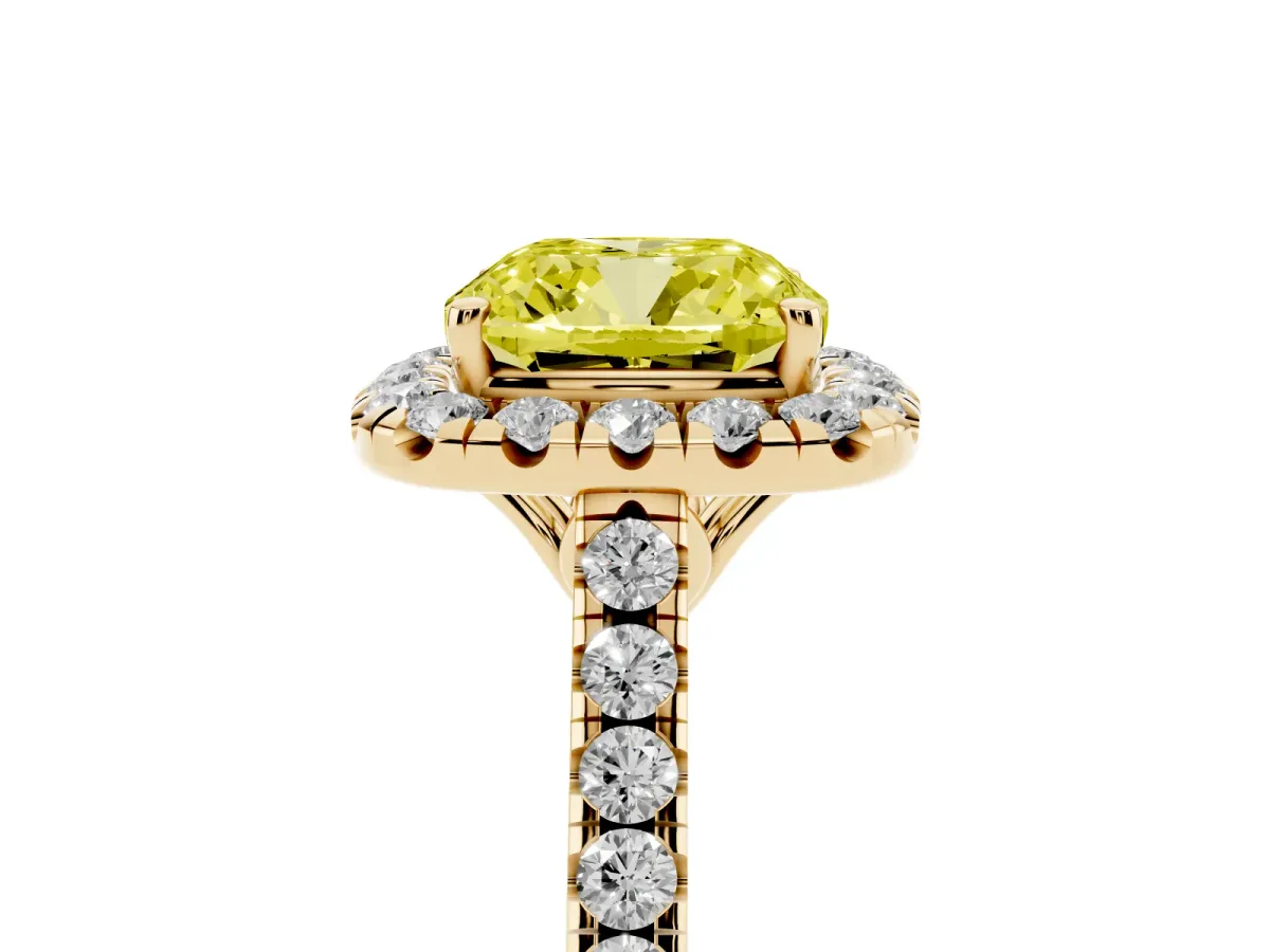 Fancy Yellow Cushion Cut Halo Pavé Diamond Engagement Ring with Four-Prong Setting Yellow gold