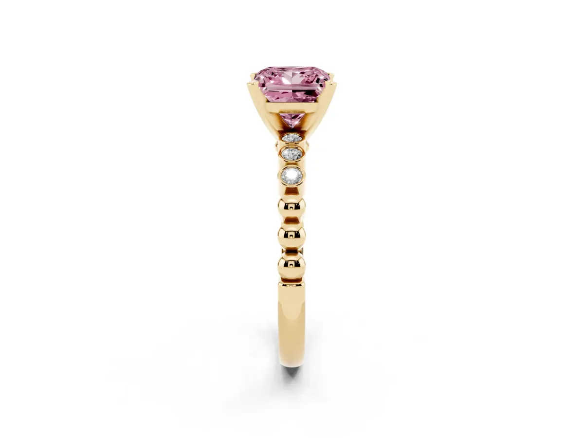 Fancy Pink Princess Cut Solitaire Bezel Accent Diamond Engagement Ring with Beaded Band and Four-Prong Setting Yellow gold