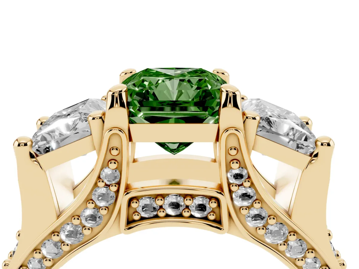 Fancy Green Radiant Cut Diamond Three-Stone Ring with Channel Set Band and Four-Prong Setting Yellow gold
