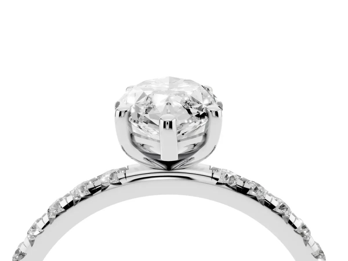 Marquise Cut Cut Diamond Solitaire Ring with Micro Pave Band and Four Prong Setting Silver