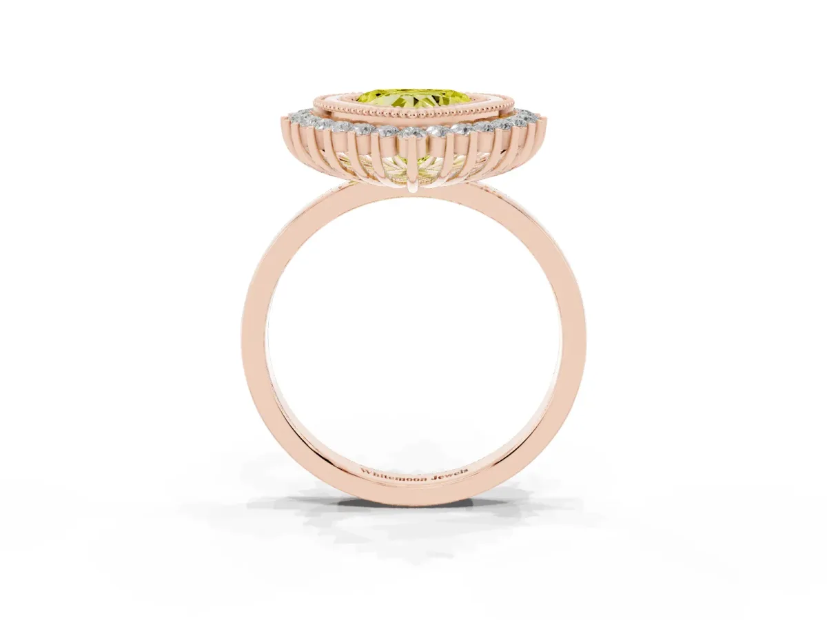 Fancy Yellow Heart Cut Halo Diamond Ring with Milgrain Edge and Round Prong Setting Rose gold
