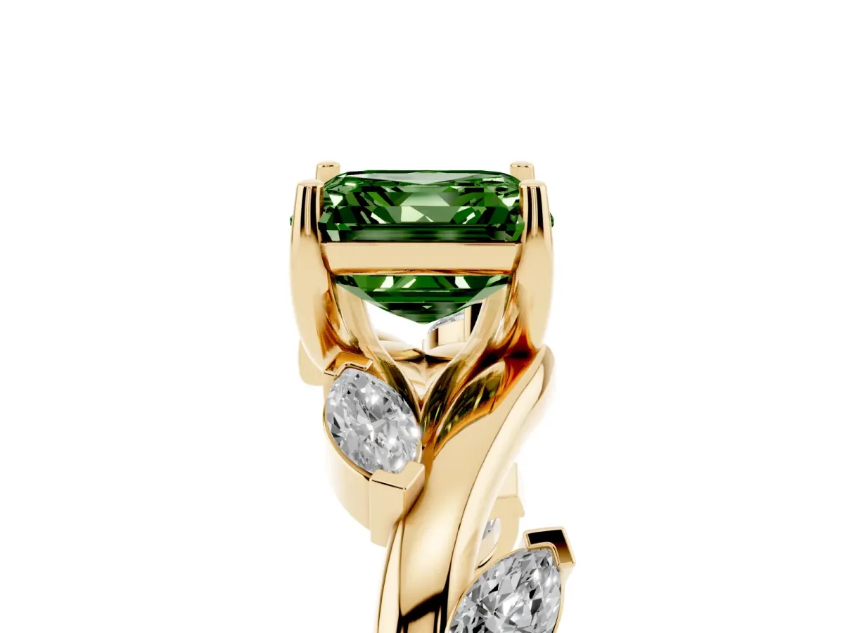 Fancy Green Asscher Cut Solitaire Twisted Band Marquise Accent Prong Setting Ring Yellow gold