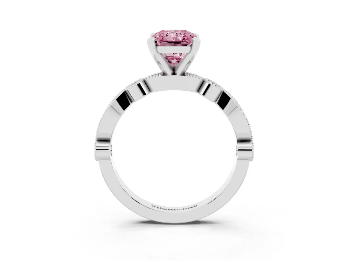 Fancy Pink Radiant Cut Milgrain Bezel Diamond Engagement Ring with Solitaire Prong Setting Silver