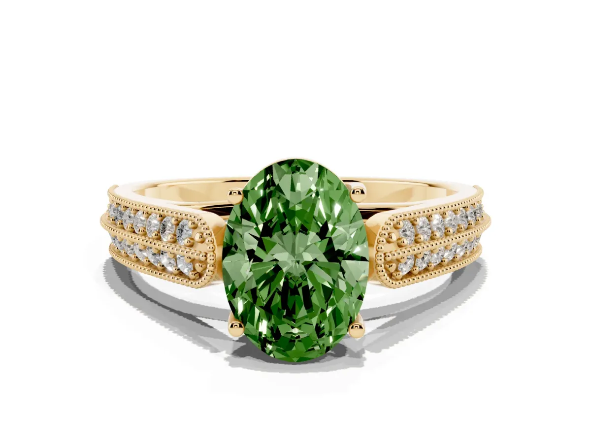 Fancy Green Oval Cut Cut Pave Split Shank Engagement Ring with Four-Prong Setting Yellow gold