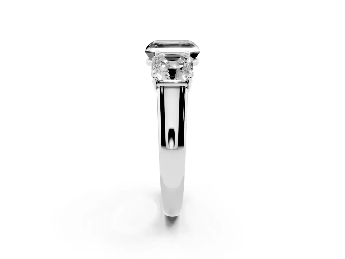 Fancy Black Asscher Cut Three-Stone Diamond Ring with Prong Setting on a Classic Band Platinum