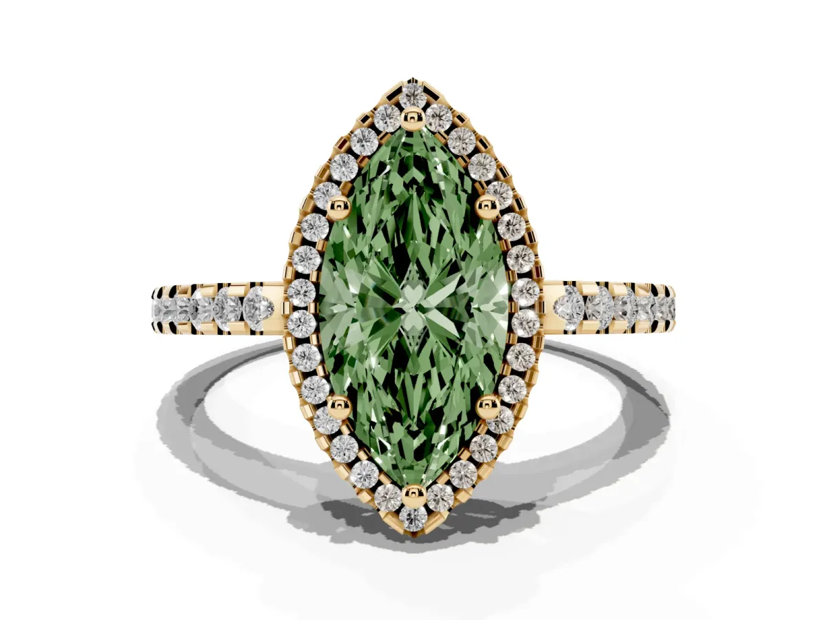 Fancy Green Marquise Cut Diamond Halo Engagement Ring with Pavé Band and Prong Setting Yellow gold