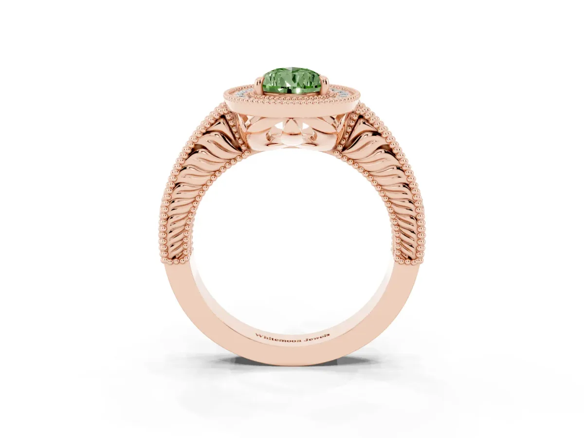 Fancy Green Pear Cut Cut Halo Diamond Ring with Pavé Band and Four-Prong Setting Rose gold