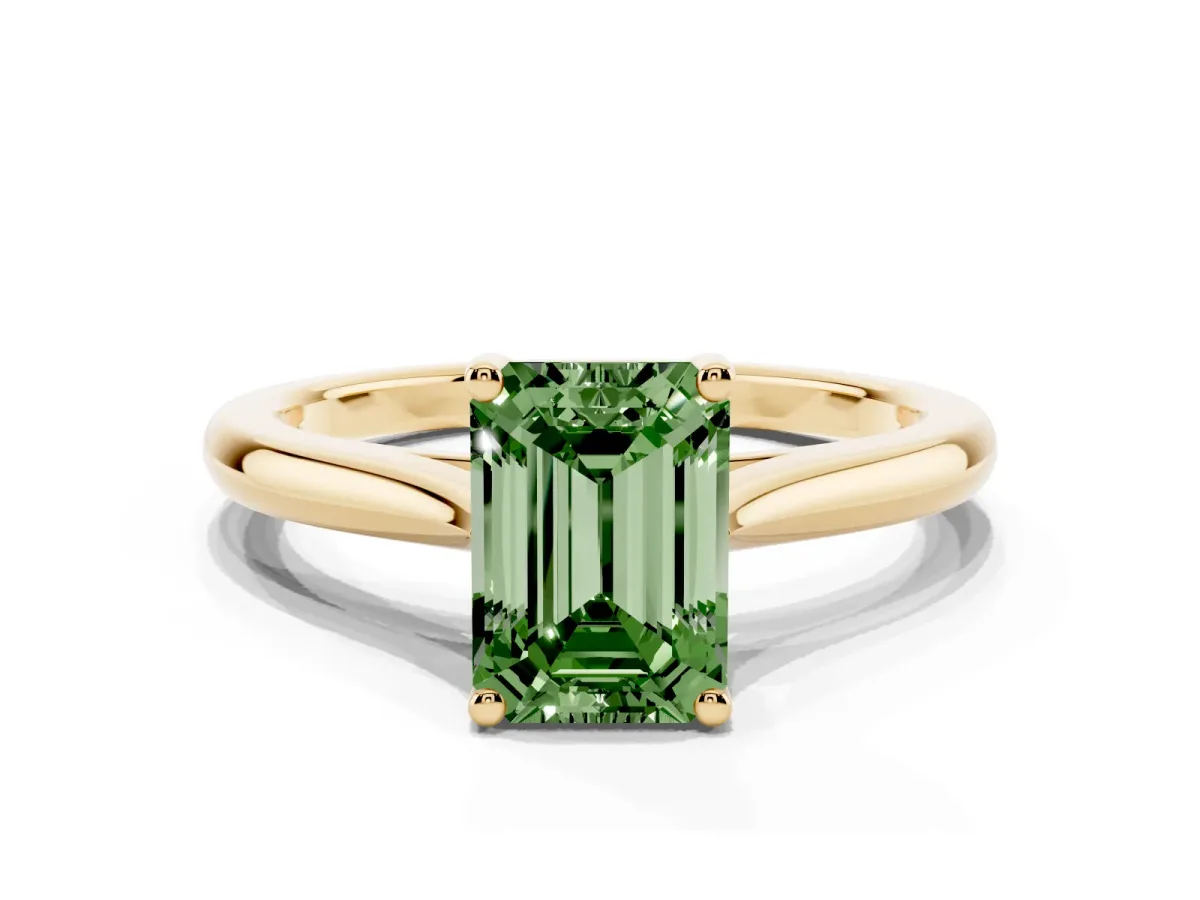 Fancy Green Emerald Cut Cut Solitaire Ring with Cathedral Band and Four-Prong Setting Yellow gold