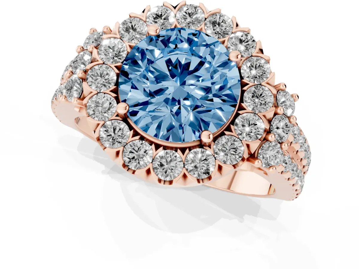 Fancy Blue Round Cut Cut Double Halo Diamond Engagement Ring with Pave Band and Four-Prong Setting Rose gold