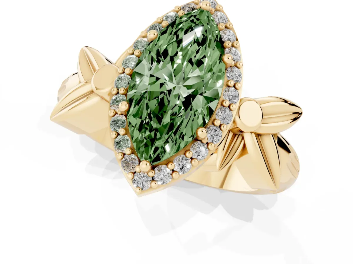 Fancy Green Marquise Cut Halo Diamond Floral Band with Four-Prong Setting Yellow gold