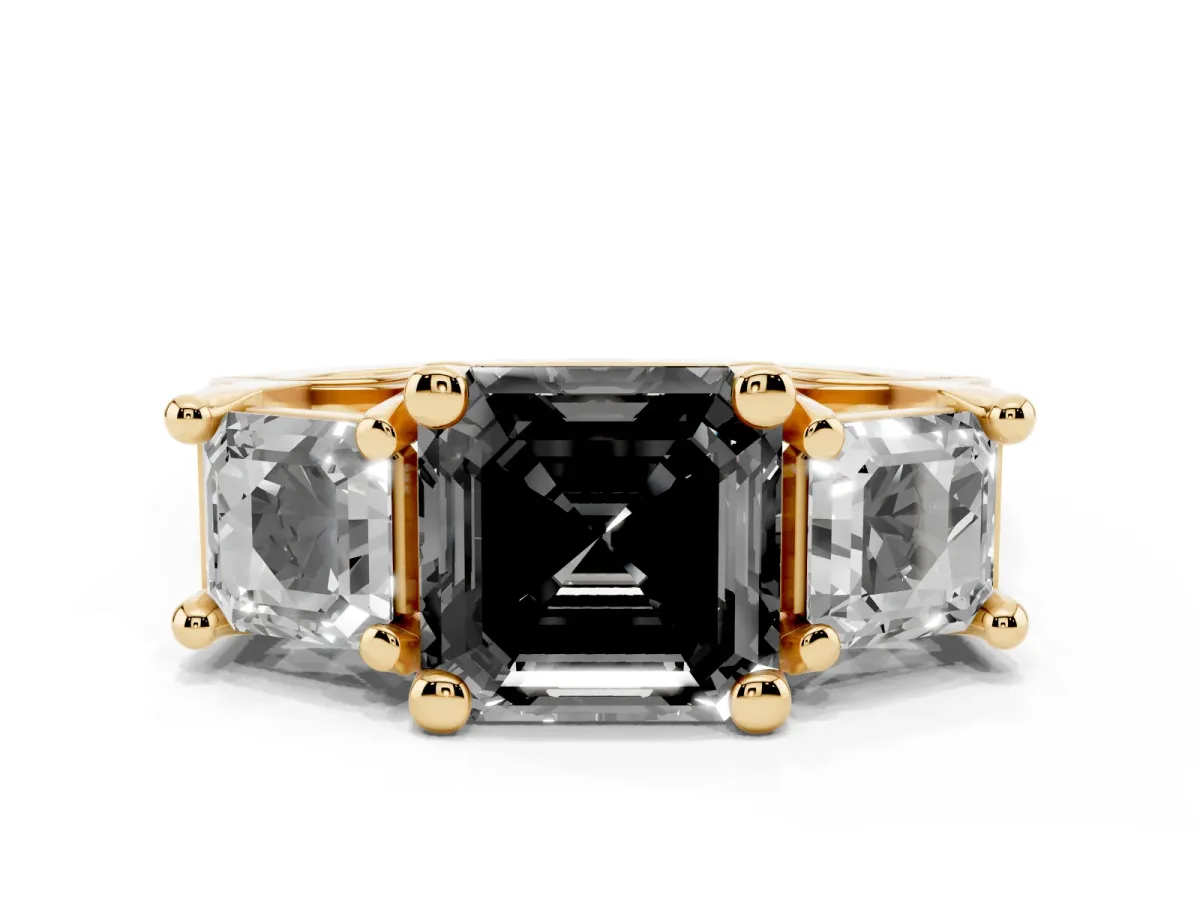 Fancy Black Asscher Cut Diamond Three-Stone Ring with Channel Set Band and Four-Prong Setting Yellow gold