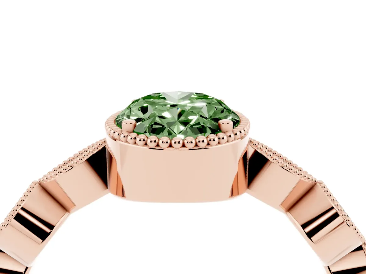 Fancy Green Oval Cut Diamond Vintage Milgrain Ring with Round Stations Rose gold