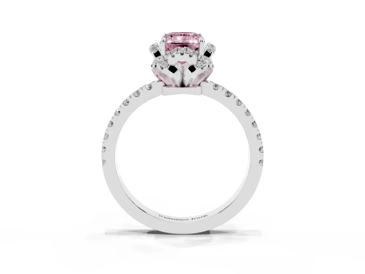 Fancy Pink Emerald Cut Halo Diamond Pave Band Ring with Four-Prong Setting Silver