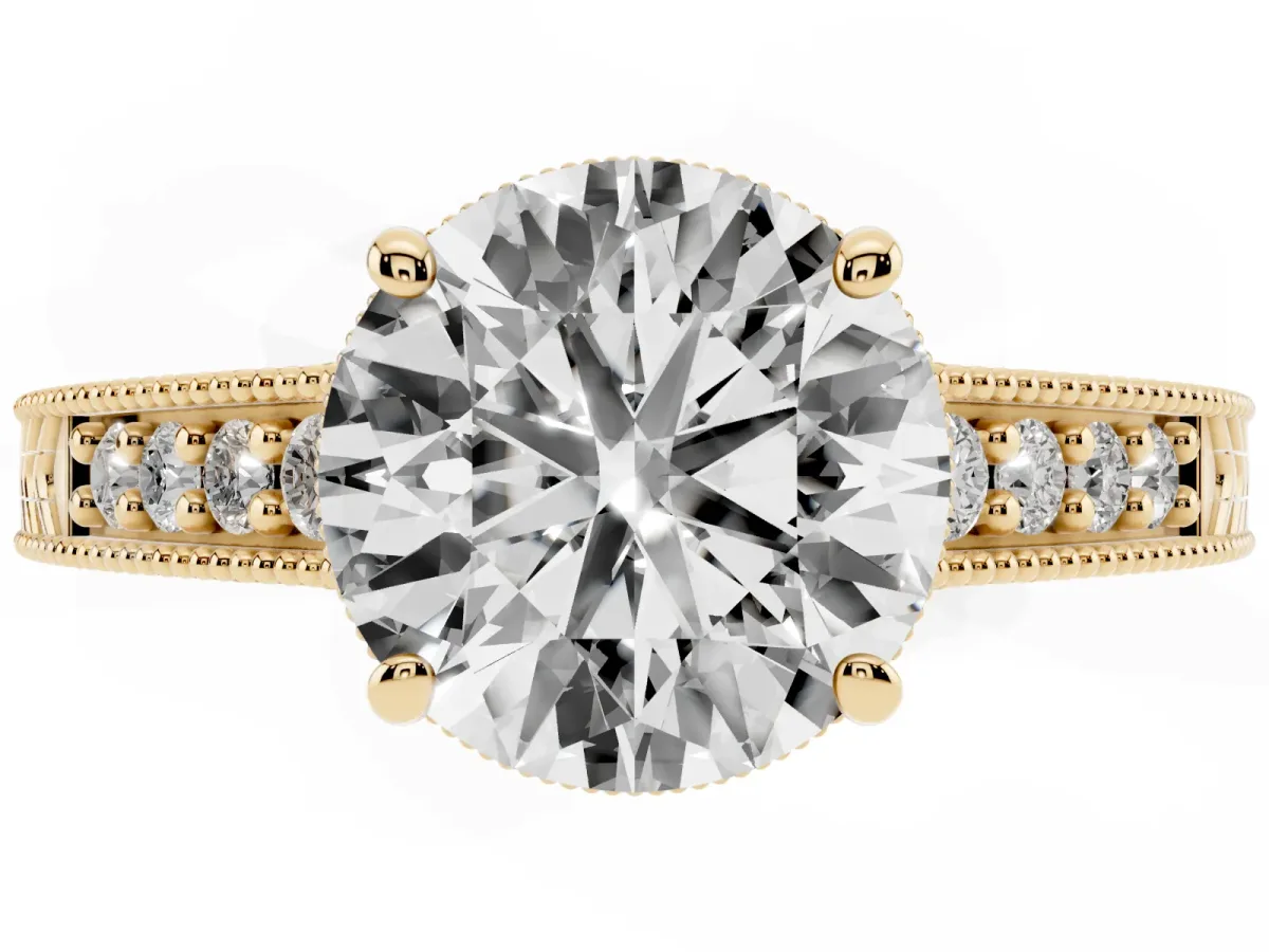 Round Cut Solitaire Pavé Diamond Milgrain Engagement Ring with Four-Prong Setting Yellow gold