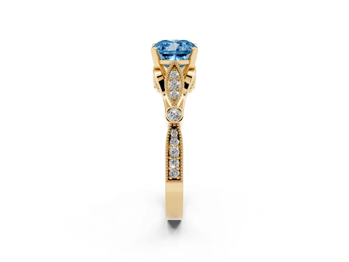 Fancy Blue Cushion Cut Cut Diamond with Milgrain Marquise and Bezel Accents on a Solitaire Band with Prong Setting Yellow gold