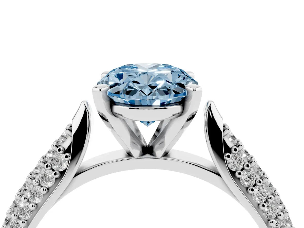 Fancy Blue Oval Cut Diamond Solitaire Engagement Ring with Multi-Row Round Pavé Band and Prong Setting Silver