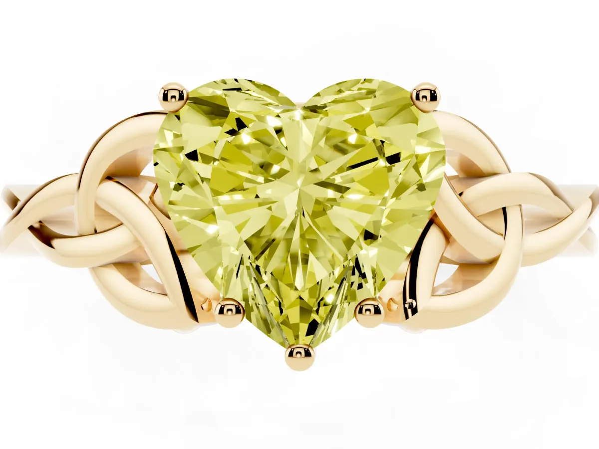 Fancy Yellow Heart Cut Diamond Solitaire Engagement Ring with Celtic Knot Band and Four-Prong Setting Yellow gold