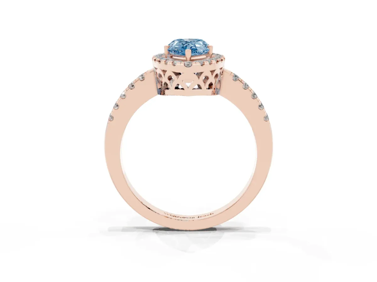 Fancy Blue Pear Cut Halo Diamond Engagement Ring with Pavé Band and Four-Prong Setting Rose gold