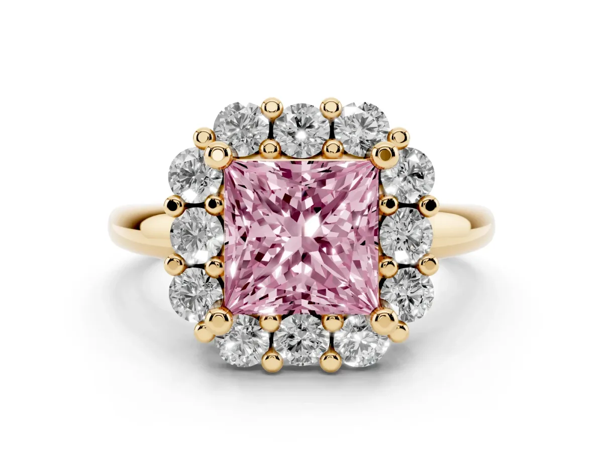 Fancy Pink Princess Cut Halo Cluster Diamond Engagement Ring with Prong Setting and Polished Band Yellow gold