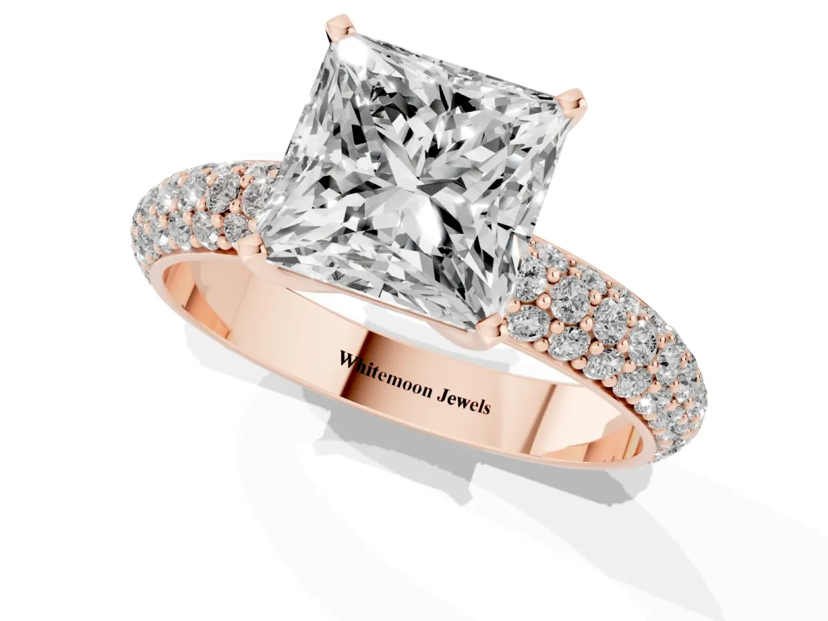 Princess Cut Diamond Solitaire Ring with Prong Setting and Pavé Band Rose gold