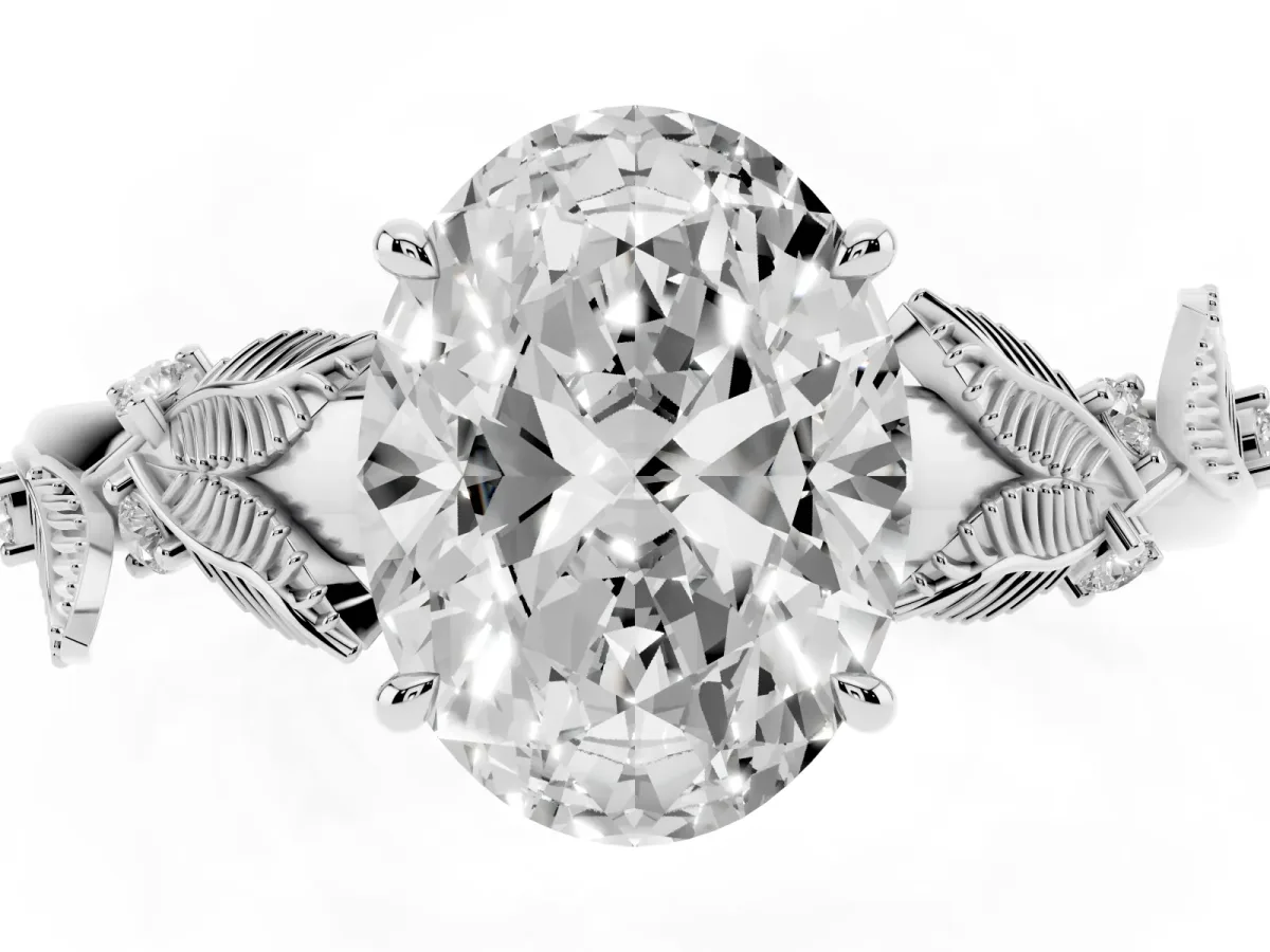 Oval Cut Diamond Solitaire Ring with Leaf Motif Band and Four-Prong Setting Silver