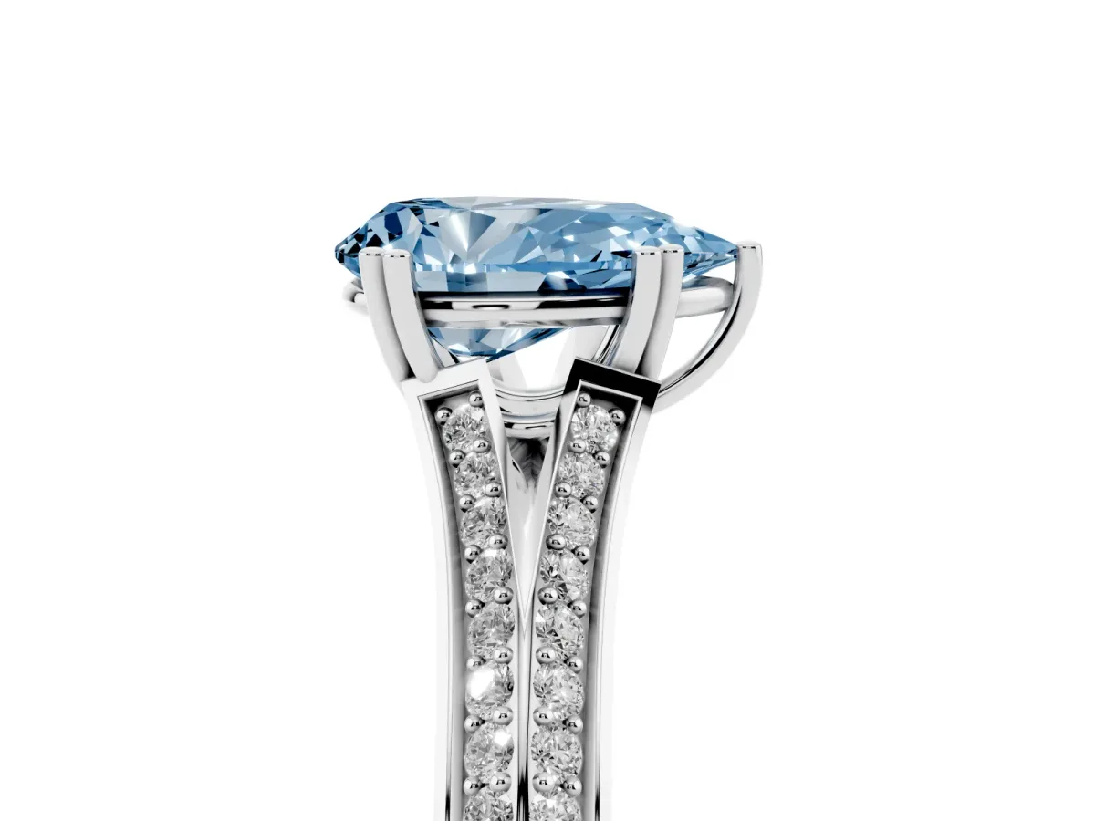 Fancy Blue Pear Cut Diamond Split Shank Engagement Ring with Pavé Band Silver