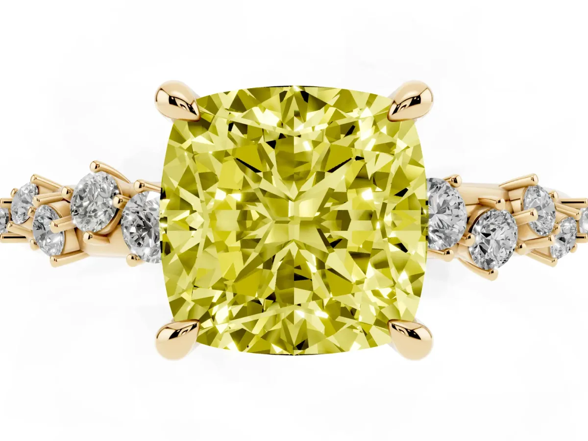 Fancy Yellow Cushion Cut Cut Diamond Vine Band with Four-Prong Setting Yellow gold