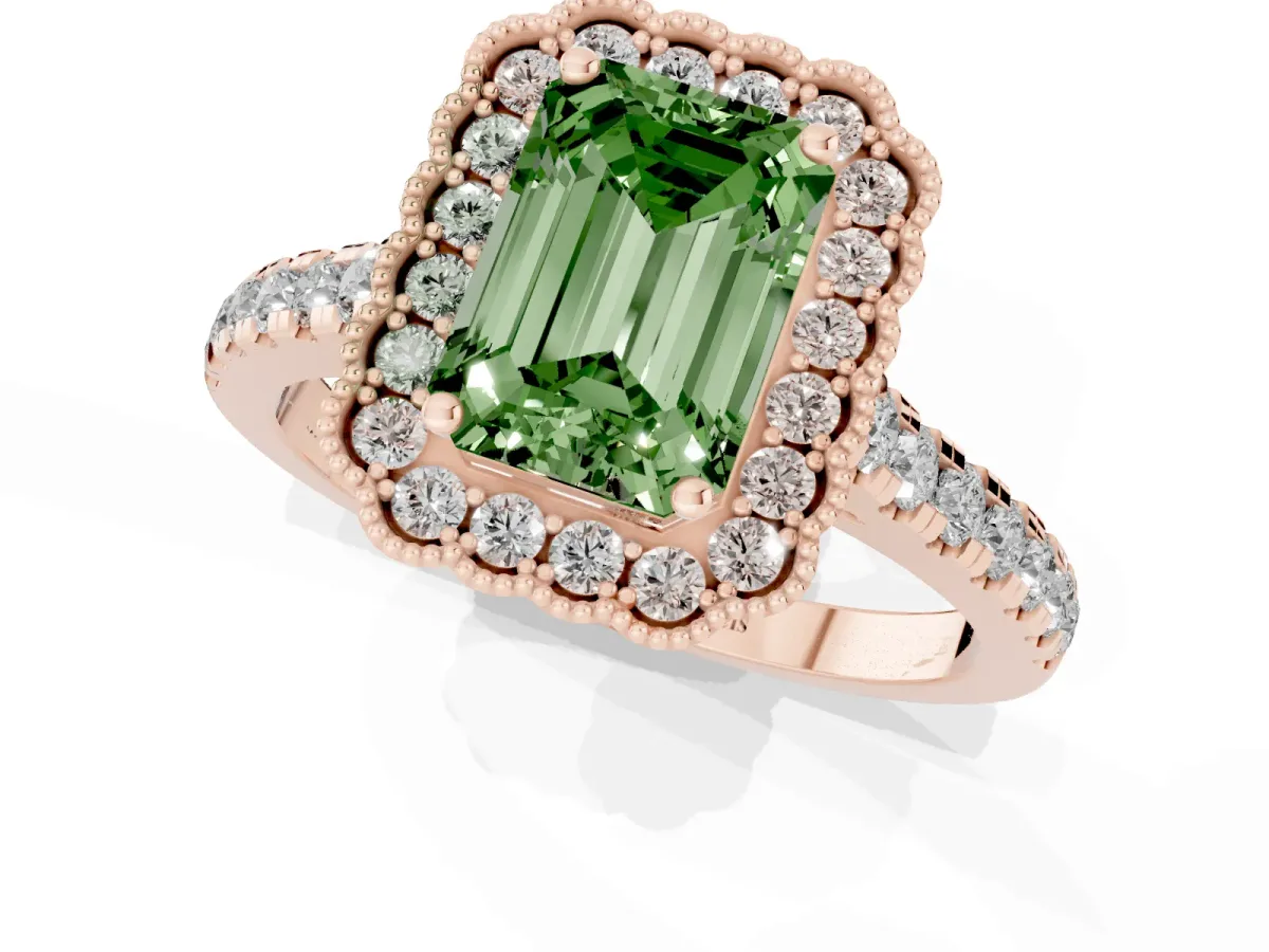 Fancy Green Emerald Cut Cut Diamond Milgrain Floral Halo Engagement Ring with Pavé Band Rose gold