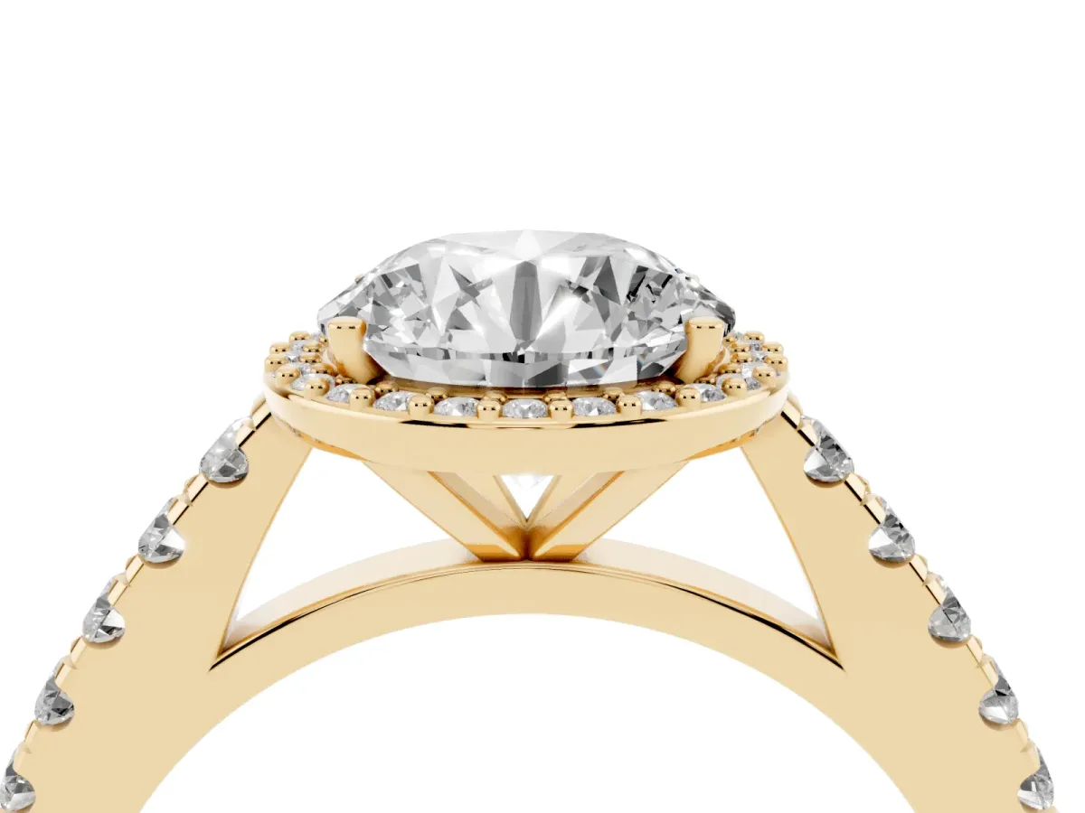 Round Cut Cut Halo Diamond Engagement Ring with Pave Band and Four-Prong Setting Yellow gold