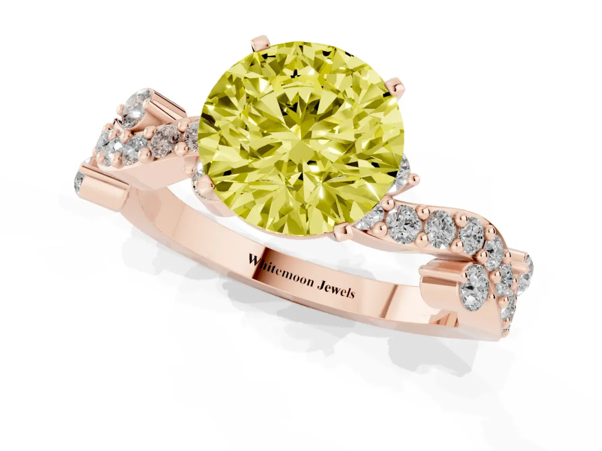 Fancy Yellow Round Cut Cut Solitaire Diamond Twisted Band with Pave Setting Rose gold