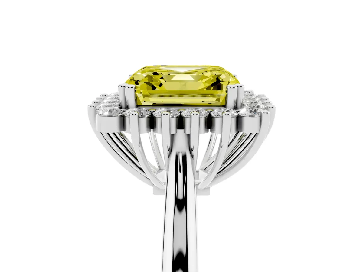 Fancy Yellow Asscher Cut Cut Diamond Halo Ring with Solitaire Band and Prong Setting White gold