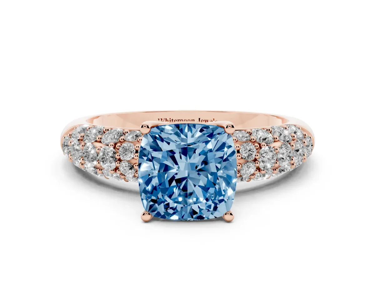Fancy Blue Cushion Cut Diamond Pavé Band Solitaire Ring with Four-Prong Setting Rose gold