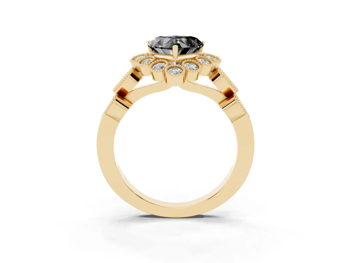 Fancy Black Heart Cut Brilliant Milgrain Pave Heart Band Solitaire Ring Yellow gold